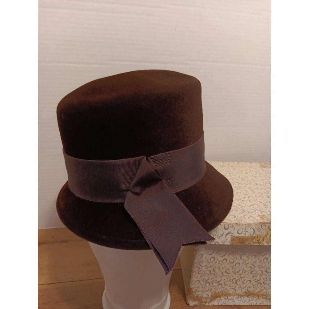 Vtg Cloche Genuine Velour Imported Fur Hat Brown Ribbon Union Made Chelsea Rooms - Picture 3 of 13